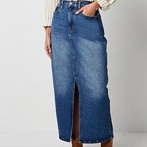 Tall High Rise Denim Front Slit Maxi Skirt Medium Wash